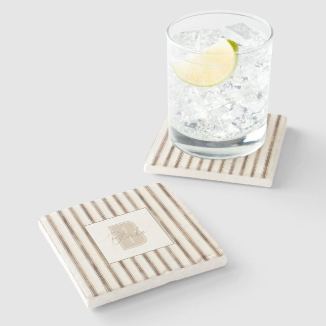 Cream Brown Stripes Monogram Initial Name Stone Coaster (Side)