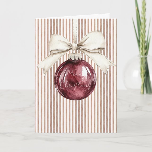 Cream Brown Stripes Red Christmas Ornament Bow Card (Front)