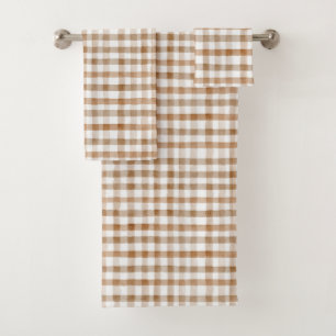 Cream Brown Stripes Tan Plaid Bath Towel Set