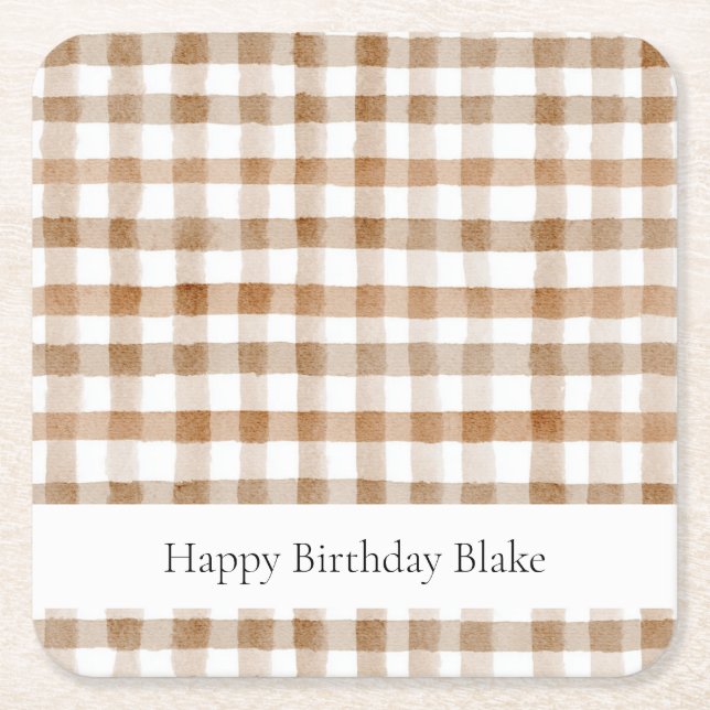 Cream Brown Stripes Tan Plaid Birthday Square Paper Coaster (Front)