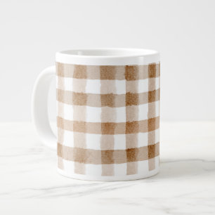 Cream Brown Stripes Tan Plaid Large Coffee Mug