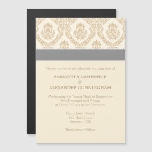 Cream Brown Tan Damask Magnetic Wedding Invitation