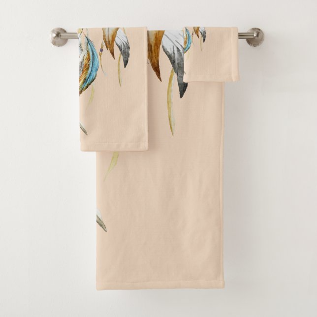 Cream Brown Turquoise Dream Catcher Bath Towel Set (Insitu)