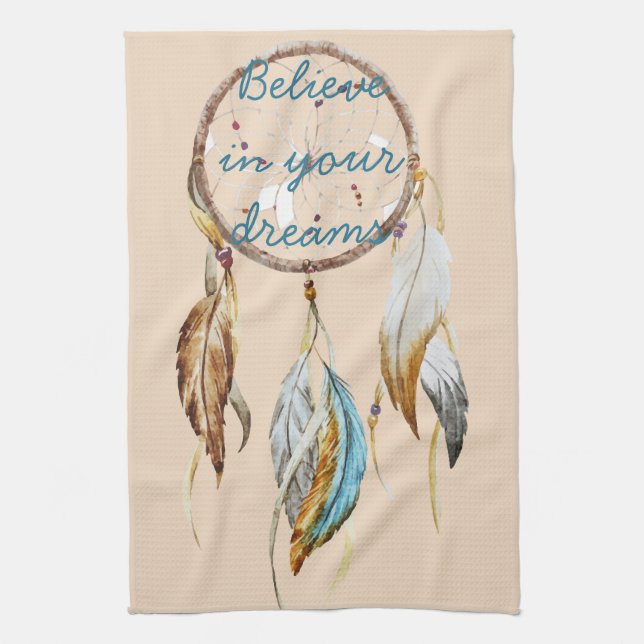 Cream Brown Turquoise White Feathers Dream Catcher Kitchen Towel (Vertical)