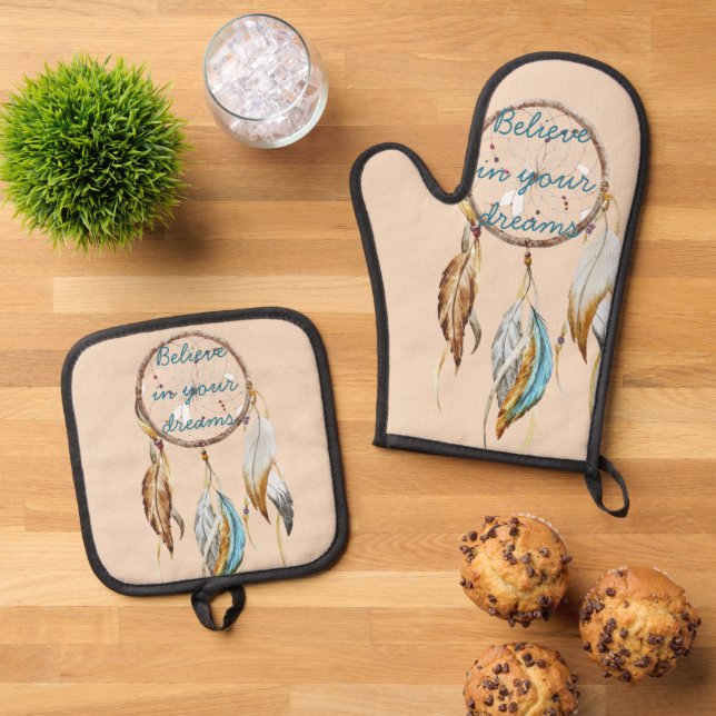 Cream Brown Turquoise White Feathers Dream Catcher Oven Mitt & Pot Holder Set (Top Down)