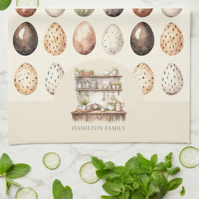 Cream & Brown Vintage Kitchen Family Name Kitchen Towel (Folded)