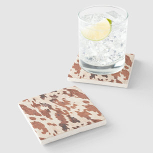 Cream Brown Western Cow Print Stone Coaster