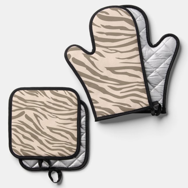 Cream Brown White Zebra Print Oven Mitt & Pot Holder Set (Front/Back)