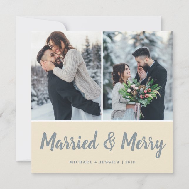 Cream Brush Married & Merry Photo | Square Holiday Card (Front)