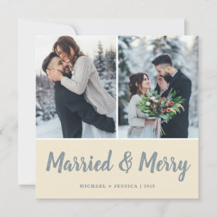 Cream Brush Married & Merry Photo   Square Holiday Card