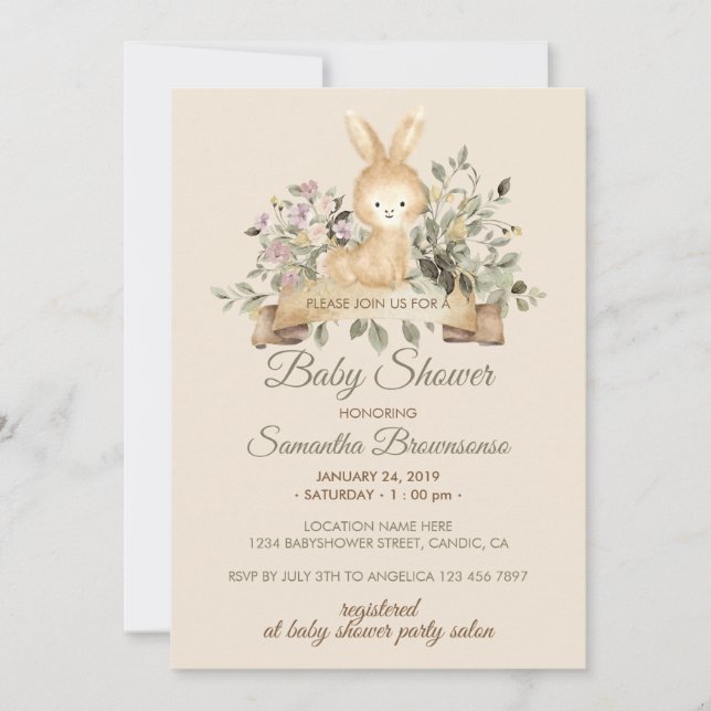 Cream Bunny Rabbit Botanical Floral Baby Shower Invitation (Front)