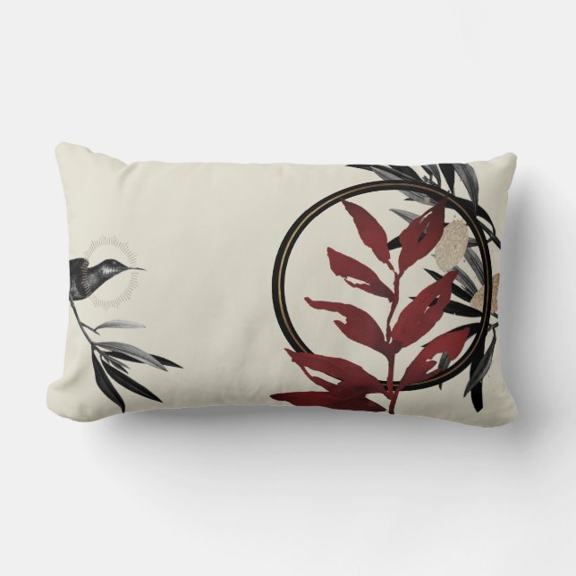Cream Burgundy & Black Watercolor Leaves Lumbar Pillow (Front)
