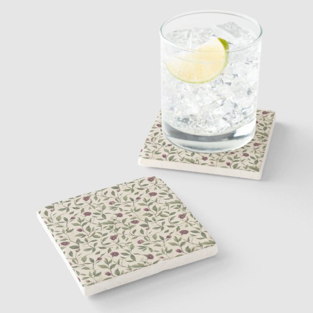Cream Burgundy Flowers Stone Coaster (Side)