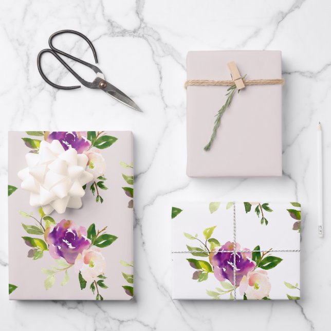 Cream Burgundy Pink Floral Wedding Wrapping Paper Sheet (Front)