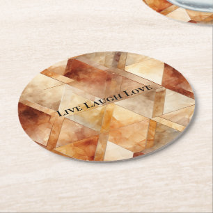 Cream Burgundy Red Gold Triangles Round Paper Coaster