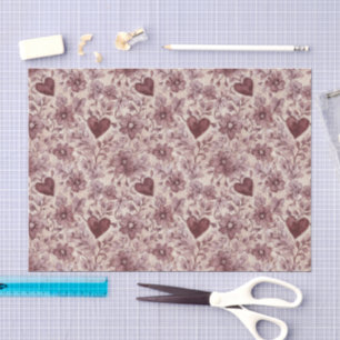 Cream Burgundy Red Hearts Flowers Bridal Shower Tissue Paper