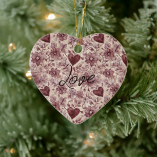 Cream Burgundy Red Hearts Flowers Ceramic Ornament