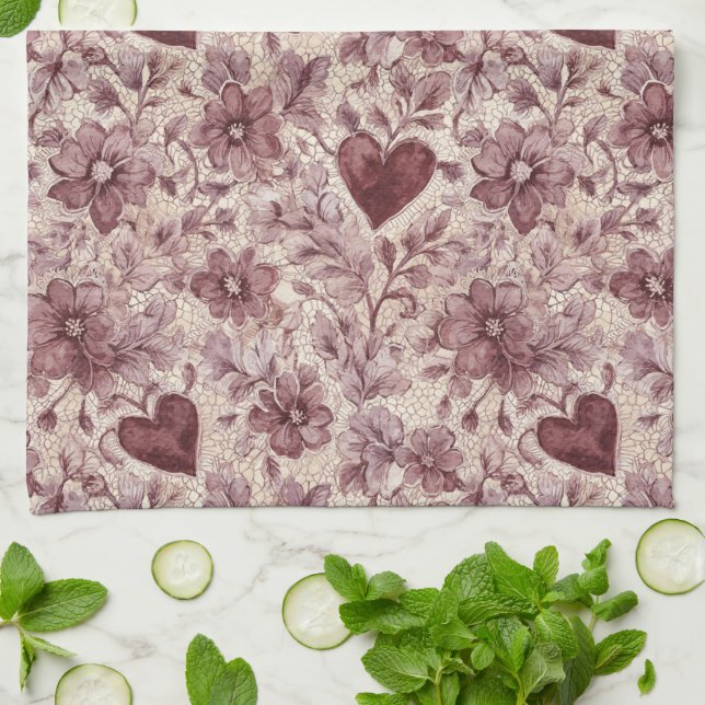 Cream Burgundy Red Hearts Flowers Kitchen Towel (Folded)