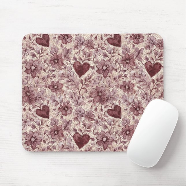 Cream Burgundy Red Hearts Flowers Mouse Pad (With Mouse)