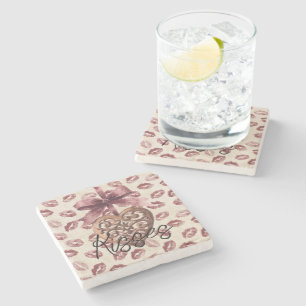 Cream Burgundy Red Lips Kisses Heart Stone Coaster