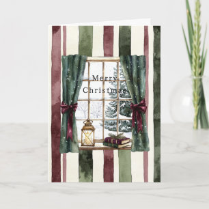 Cream Burgundy Red Stripes Window Tree Christmas Card