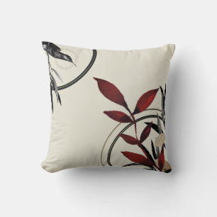 Cream & Burgundy Red Watercolor Leaf & Hummingbird Throw Pillow