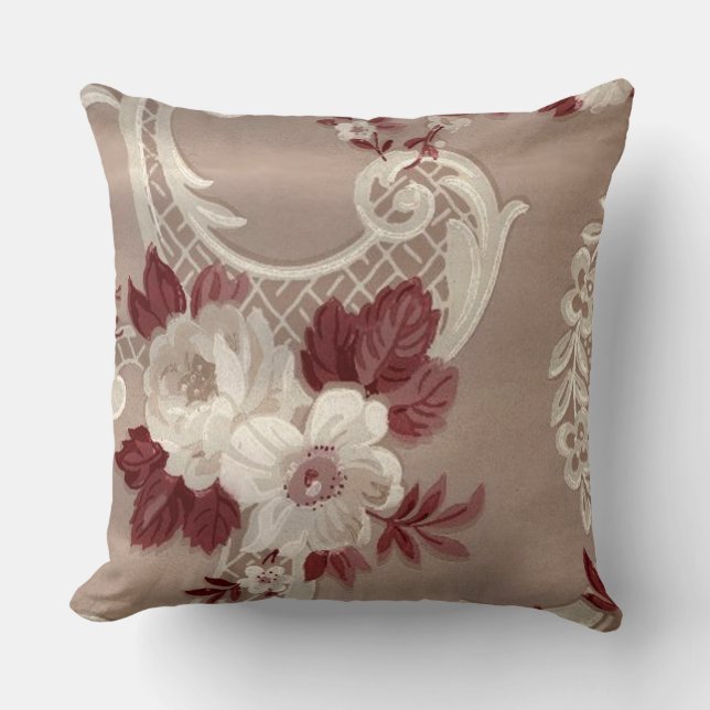 Cream & Burgundy Wallpaper Print Throw Pillow (Front)