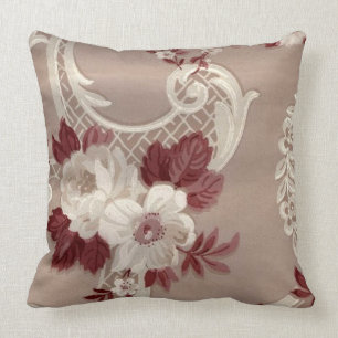 Cream & Burgundy Wallpaper Print Throw Pillow