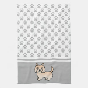 Cream Cairn Terrier Dog & Grey Paws Pattern Kitchen Towel