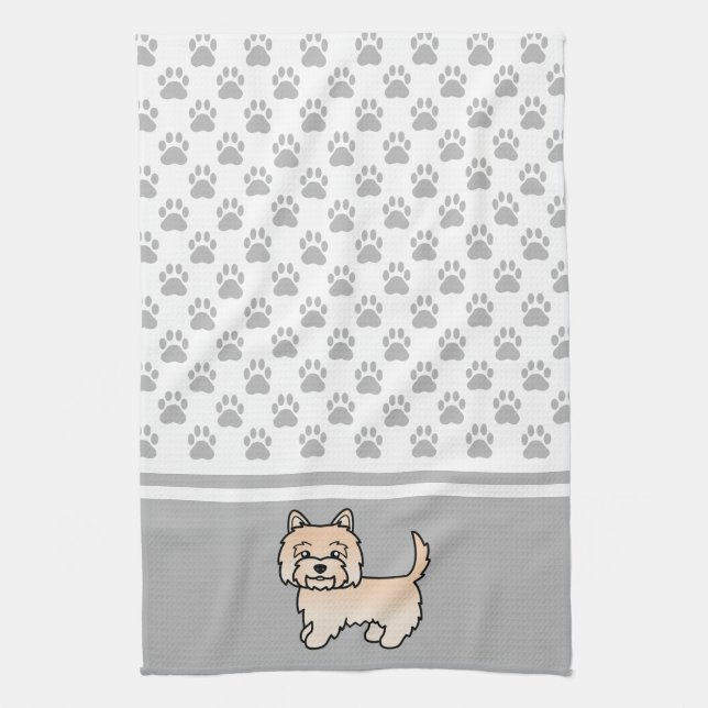 Cream Cairn Terrier Dog & Grey Paws Pattern Kitchen Towel (Vertical)