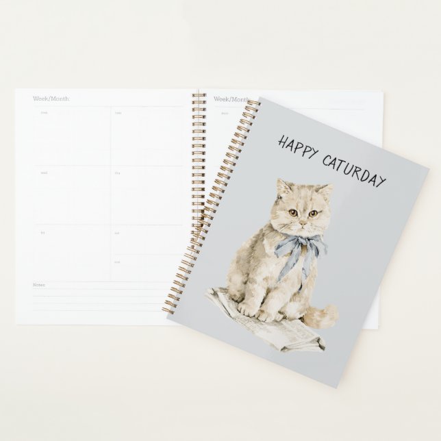 Cream Cat Blue Bow Caturday Planner (Display)