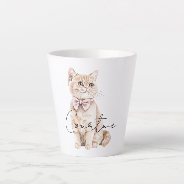 Cream Cat Pink Bow Latte Mug (Front)