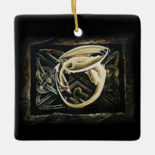 Cream Celtic Art Dragon Fantasy  Ceramic Ornament