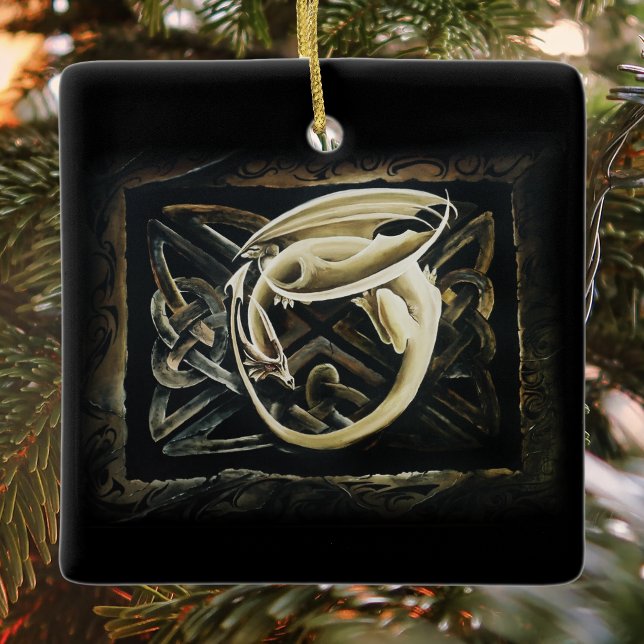 Cream Celtic Art Dragon Fantasy  Ceramic Ornament (Creator Uploaded)