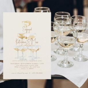 Cream Champagne Tower Gold Text Engagement Party Invitation