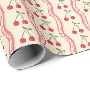 Cream Cherry Pattern with Pink Wavy Stripes Wrapping Paper