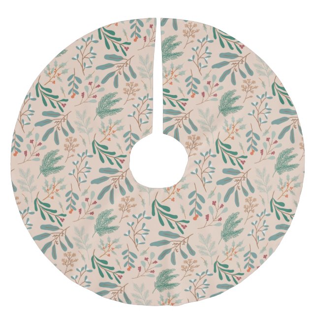 Cream Christmas Botanical  Brushed Polyester Tree Skirt (Front)