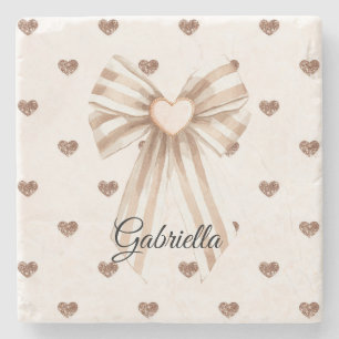 Cream Cocoa Bow Blush Pink Glitter Hearts Stone Coaster