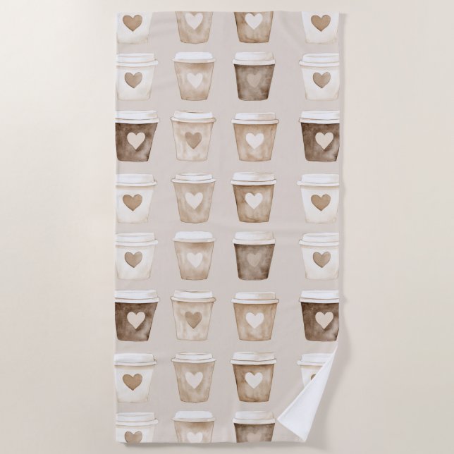 Cream Coffee Heart Cups Beach Towel (Front)
