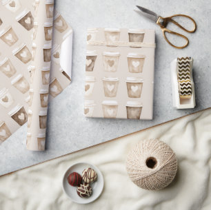 Cream Coffee Heart Cups Wrapping Paper