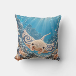 Cream Crochet Manta Blue Coral Ocean Throw Pillow