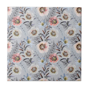 Cream, croral flowers on light grey tile