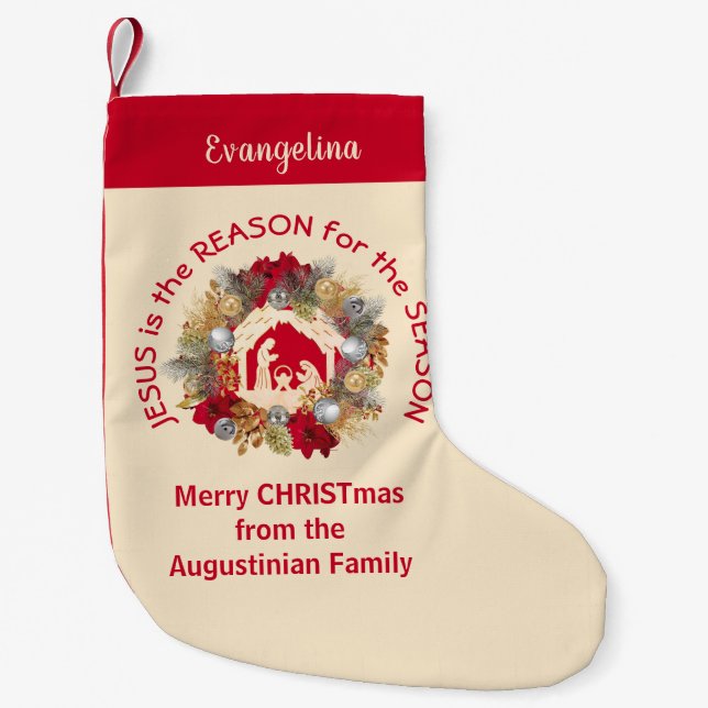 Cream Custom JESUS IS THE REASON Christian Small Christmas Stocking (Front)