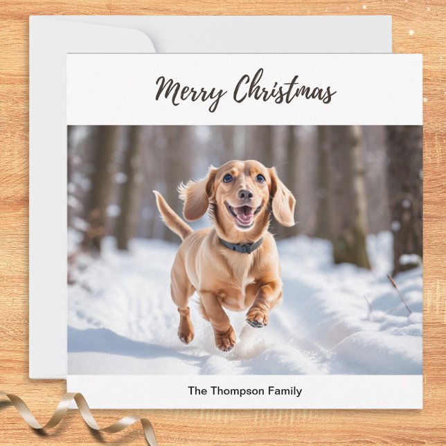 Cream Dachshund In Snow Dog Picture Chic Cute Holiday Card (A delightful cream dachshund running through snow is pictured on this elegant Christmas card)