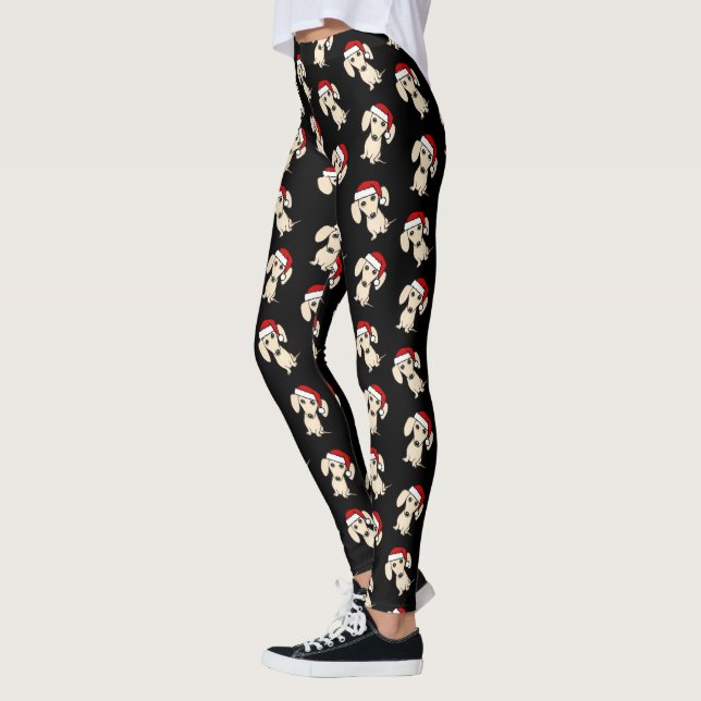 Cream Dachshund Santa Cute Christmas Dog Holiday Leggings (Left)