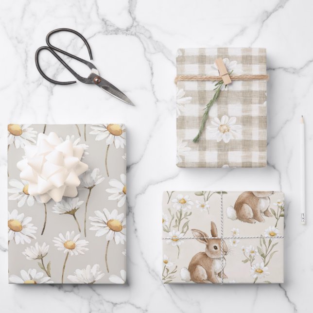 Cream Daisy Floral Bunny Rabbit Birthday Wrapping Paper Sheet (Front)