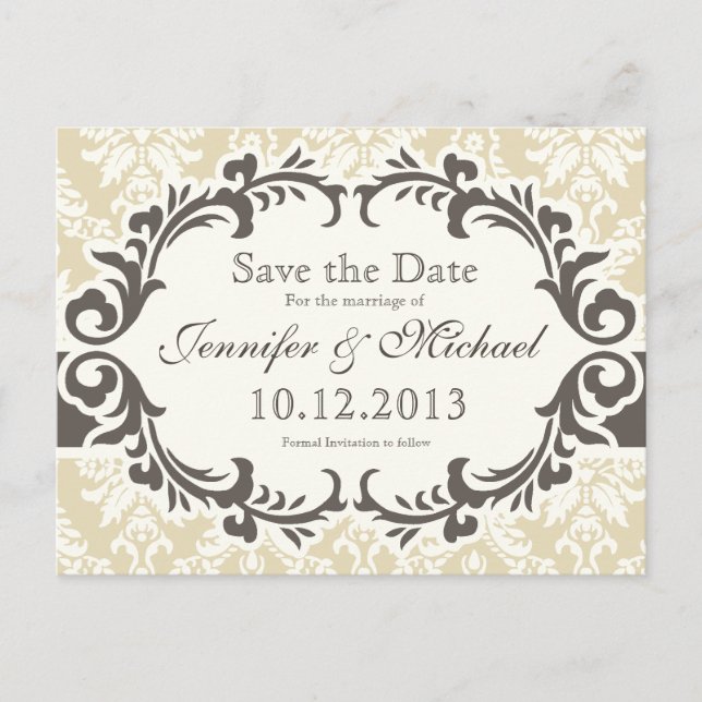 Cream Damask Save the Date Postcard (Front)
