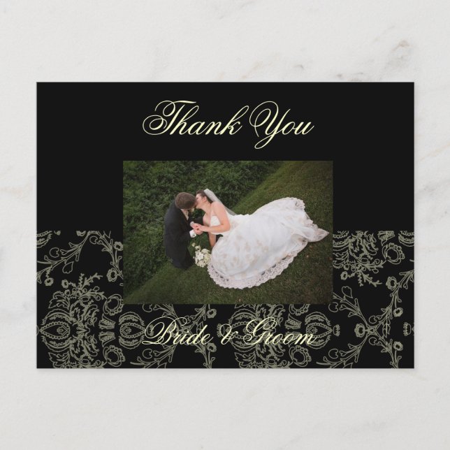 CREAM DAMASK WEDDING PHOTO THANK YOU POSTCARD (Front)