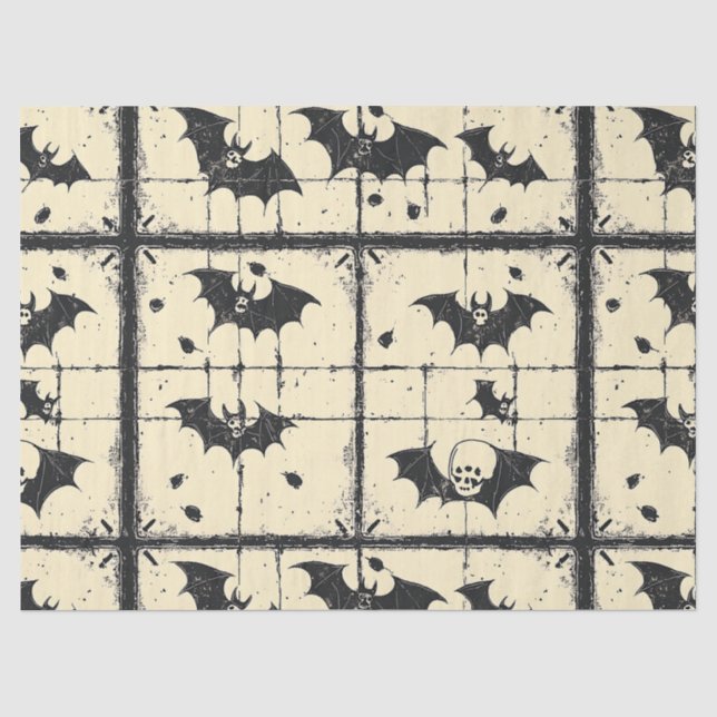 Cream Denim Grunge Patchwork with Bats (2) Tissue Paper (Front)