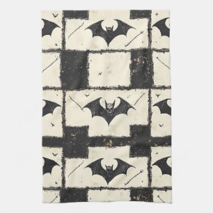 Cream Denim Grunge Patchwork with Bats (3) Kitchen Towel